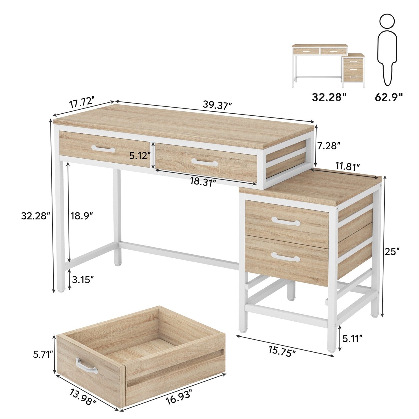 Bureau d'ordinateur réversible avec 5 tiroirs, bureau de travail à domicile avec rangement pour imprimante et tiroir pour classeur.