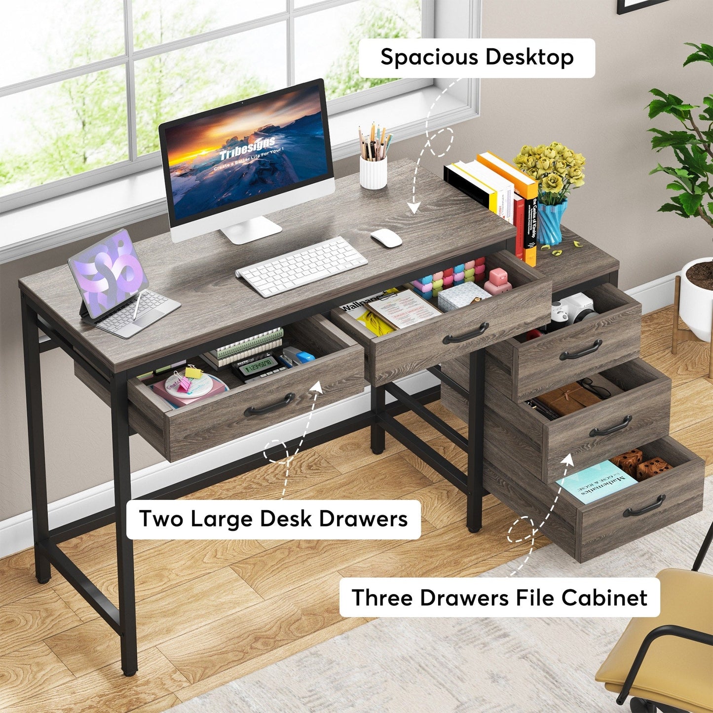 Bureau d'ordinateur réversible avec 5 tiroirs, bureau de travail à domicile avec rangement pour imprimante et tiroir pour classeur.