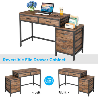 Bureau d'ordinateur réversible avec 5 tiroirs, bureau de travail à domicile avec rangement pour imprimante et tiroir pour classeur.
