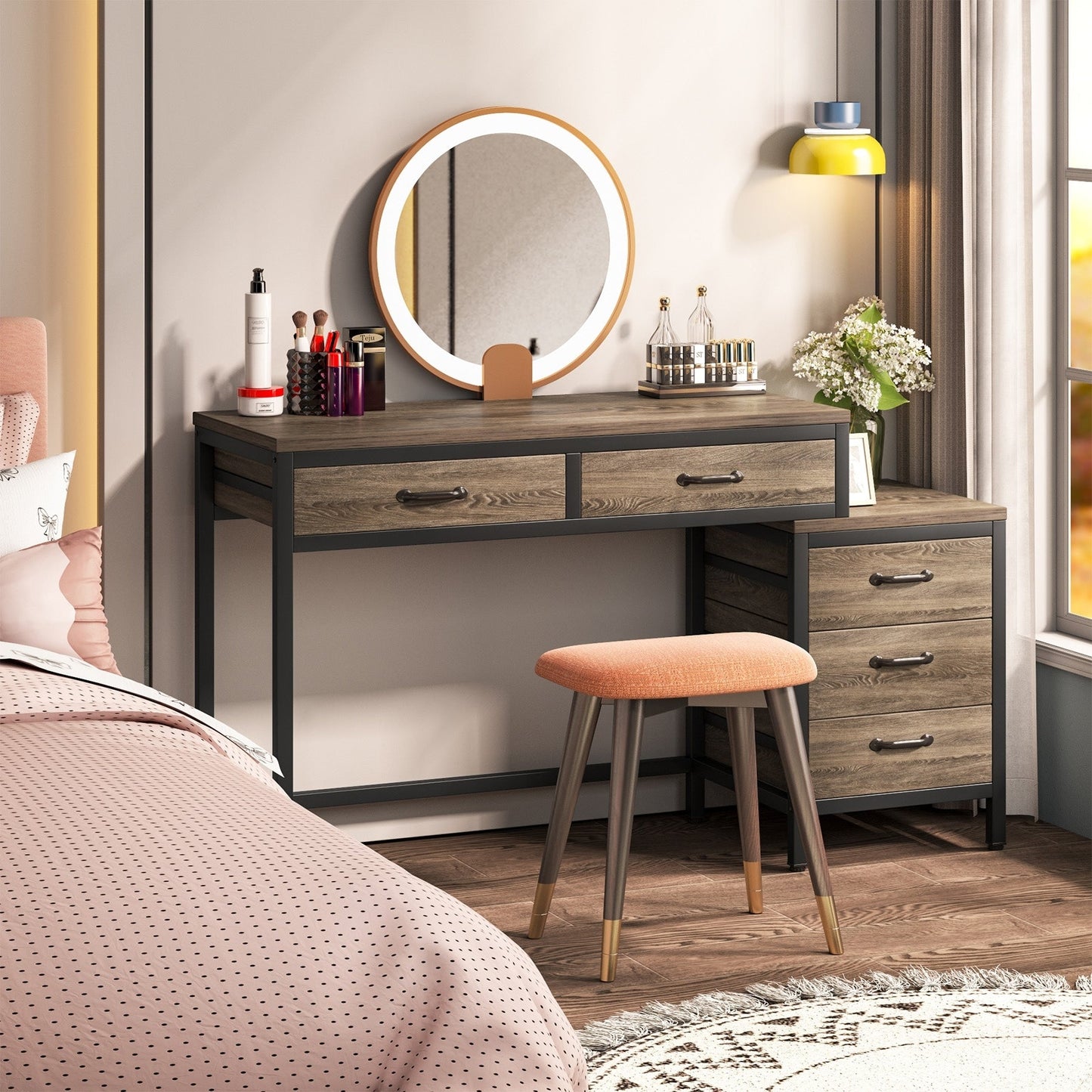 Bureau d'ordinateur réversible avec 5 tiroirs, bureau de travail à domicile avec rangement pour imprimante et tiroir pour classeur.