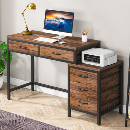 Bureau d'ordinateur réversible avec 5 tiroirs, bureau de travail à domicile avec rangement pour imprimante et tiroir pour classeur.