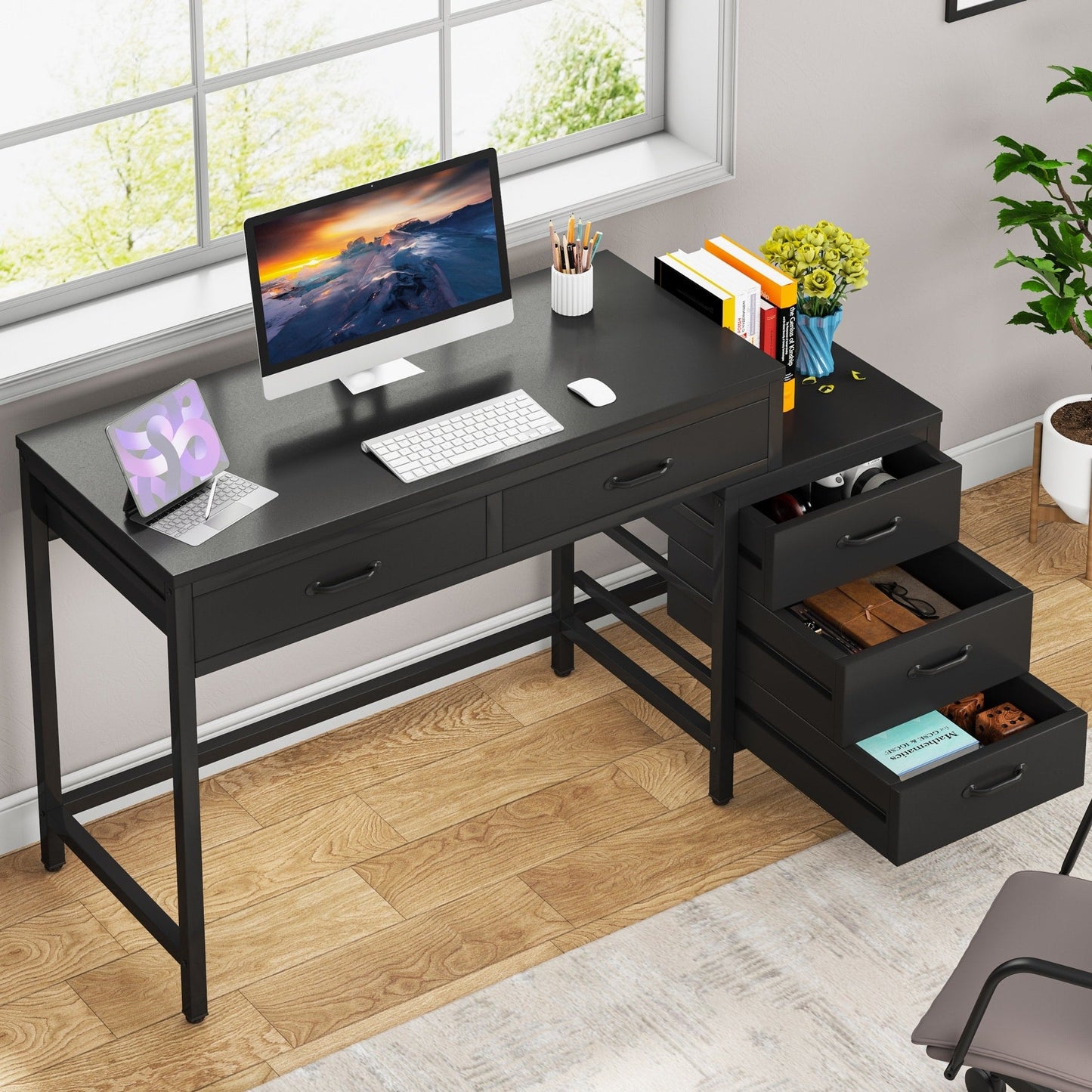 Bureau d'ordinateur réversible avec 5 tiroirs, bureau de travail à domicile avec rangement pour imprimante et tiroir pour classeur.