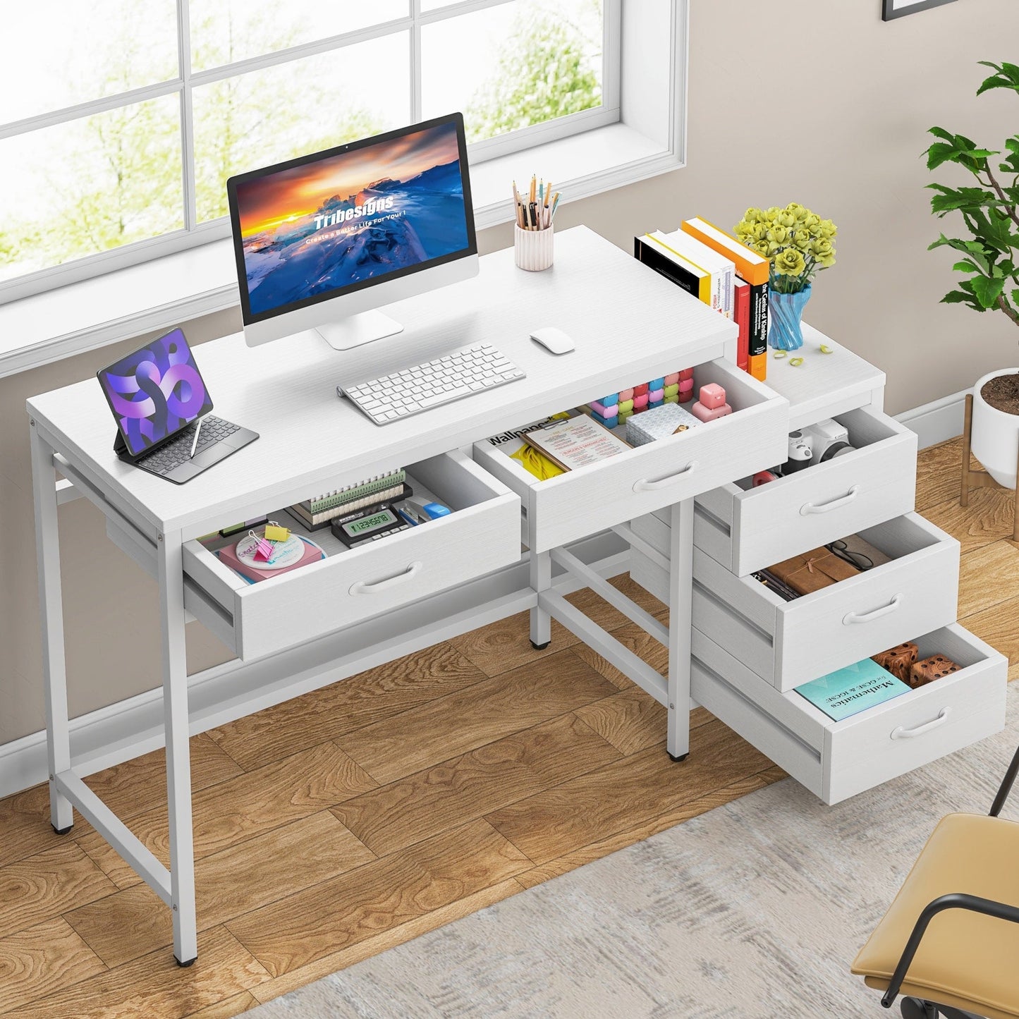 Bureau d'ordinateur réversible avec 5 tiroirs, bureau de travail à domicile avec rangement pour imprimante et tiroir pour classeur.
