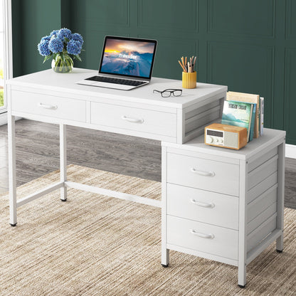 Bureau d'ordinateur réversible avec 5 tiroirs, bureau de travail à domicile avec rangement pour imprimante et tiroir pour classeur.