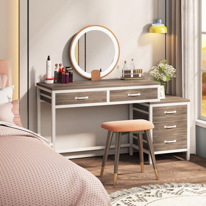 Bureau d'ordinateur réversible avec 5 tiroirs, bureau de travail à domicile avec rangement pour imprimante et tiroir pour classeur.