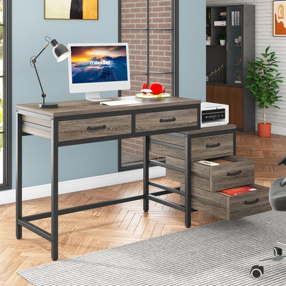 Bureau d'ordinateur réversible avec 5 tiroirs, bureau de travail à domicile avec rangement pour imprimante et tiroir pour classeur.