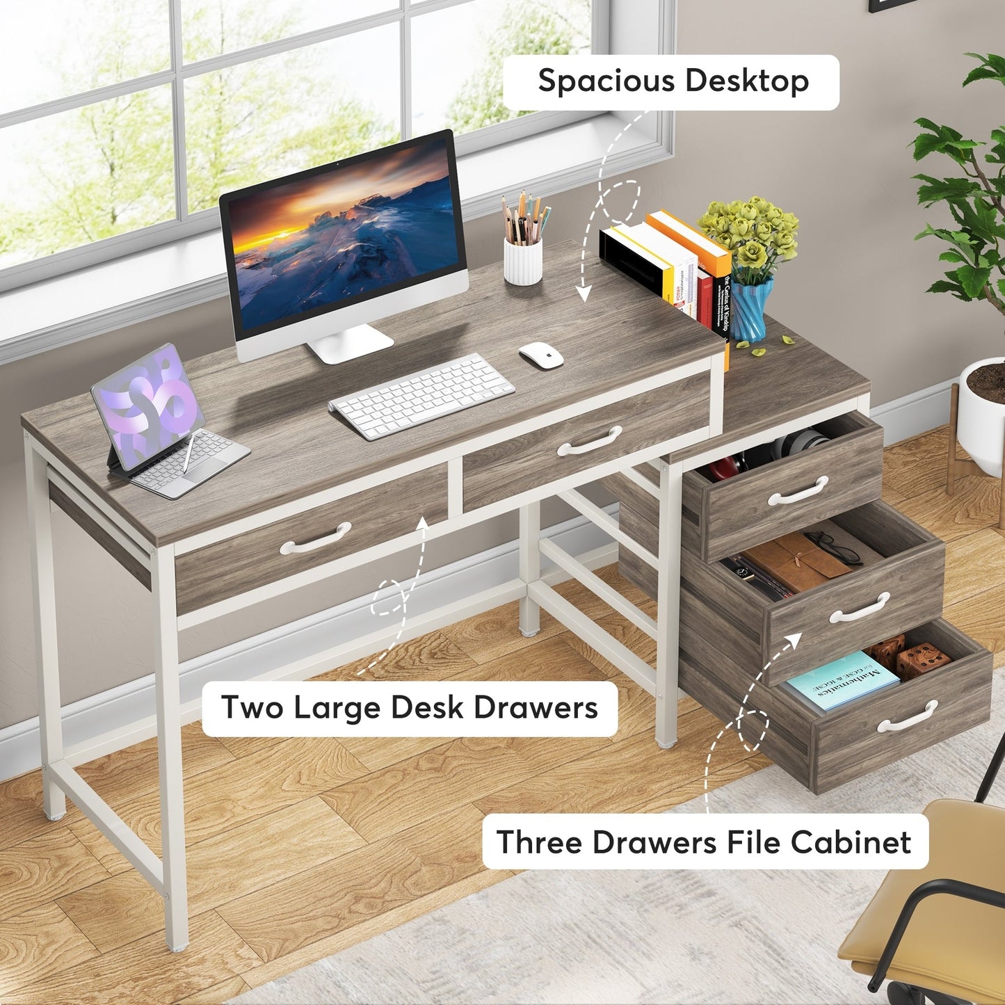 Bureau d'ordinateur réversible avec 5 tiroirs, bureau de travail à domicile avec rangement pour imprimante et tiroir pour classeur.