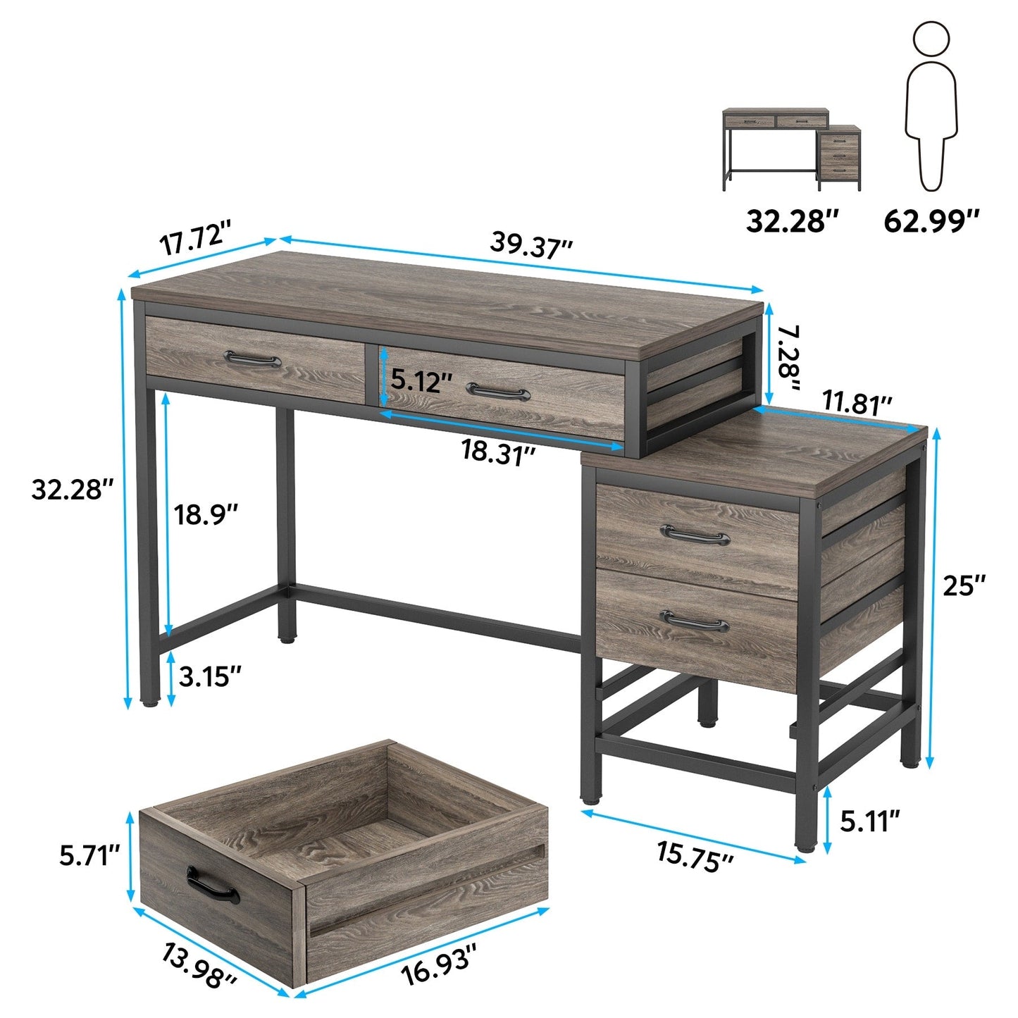 Bureau d'ordinateur réversible avec 5 tiroirs, bureau de travail à domicile avec rangement pour imprimante et tiroir pour classeur.