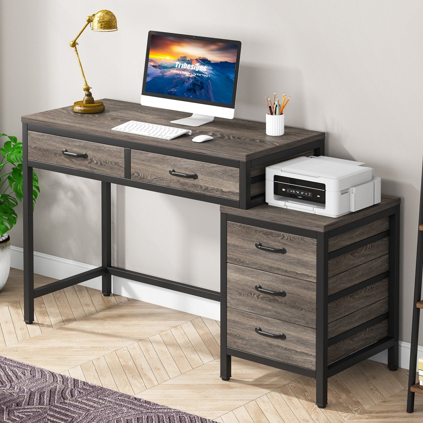 Bureau d'ordinateur réversible avec 5 tiroirs, bureau de travail à domicile avec rangement pour imprimante et tiroir pour classeur.