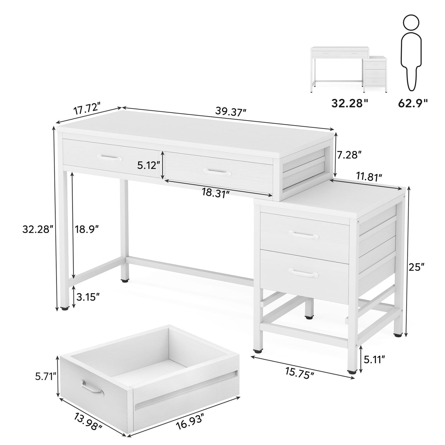 Bureau d'ordinateur réversible avec 5 tiroirs, bureau de travail à domicile avec rangement pour imprimante et tiroir pour classeur.