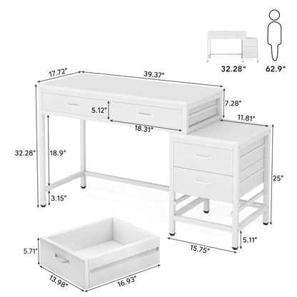Bureau d'ordinateur réversible avec 5 tiroirs, bureau de travail à domicile avec rangement pour imprimante et tiroir pour classeur.