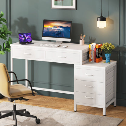 Bureau d'ordinateur réversible avec 5 tiroirs, bureau de travail à domicile avec rangement pour imprimante et tiroir pour classeur.