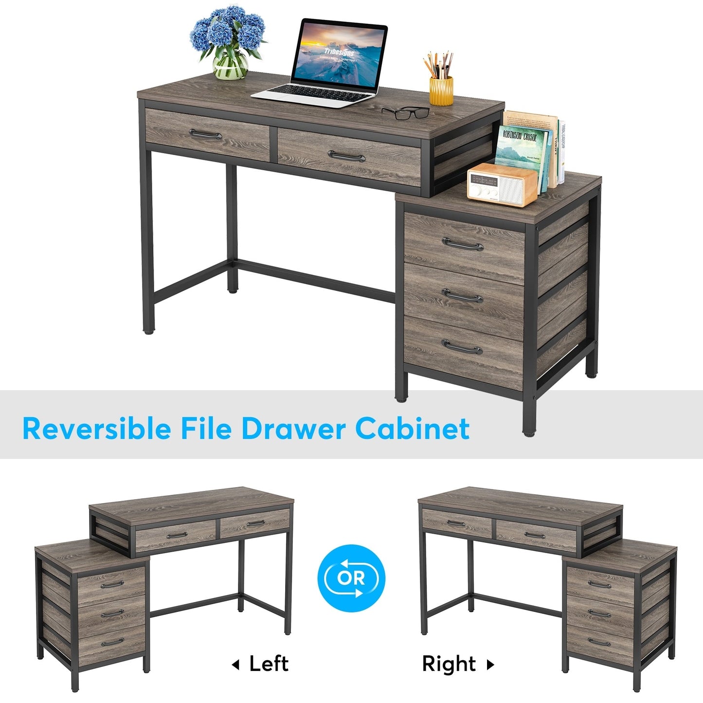 Bureau d'ordinateur réversible avec 5 tiroirs, bureau de travail à domicile avec rangement pour imprimante et tiroir pour classeur.
