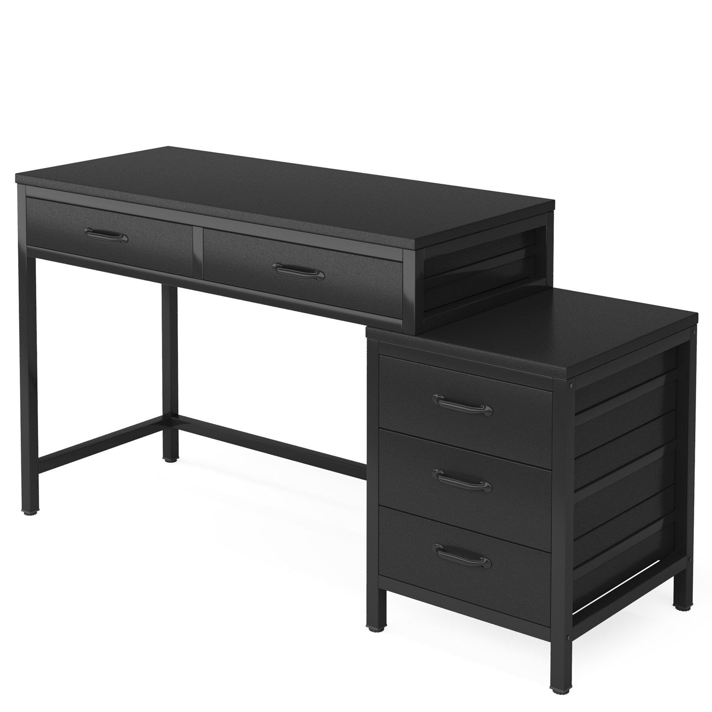 Bureau d'ordinateur réversible avec 5 tiroirs, bureau de travail à domicile avec rangement pour imprimante et tiroir pour classeur.