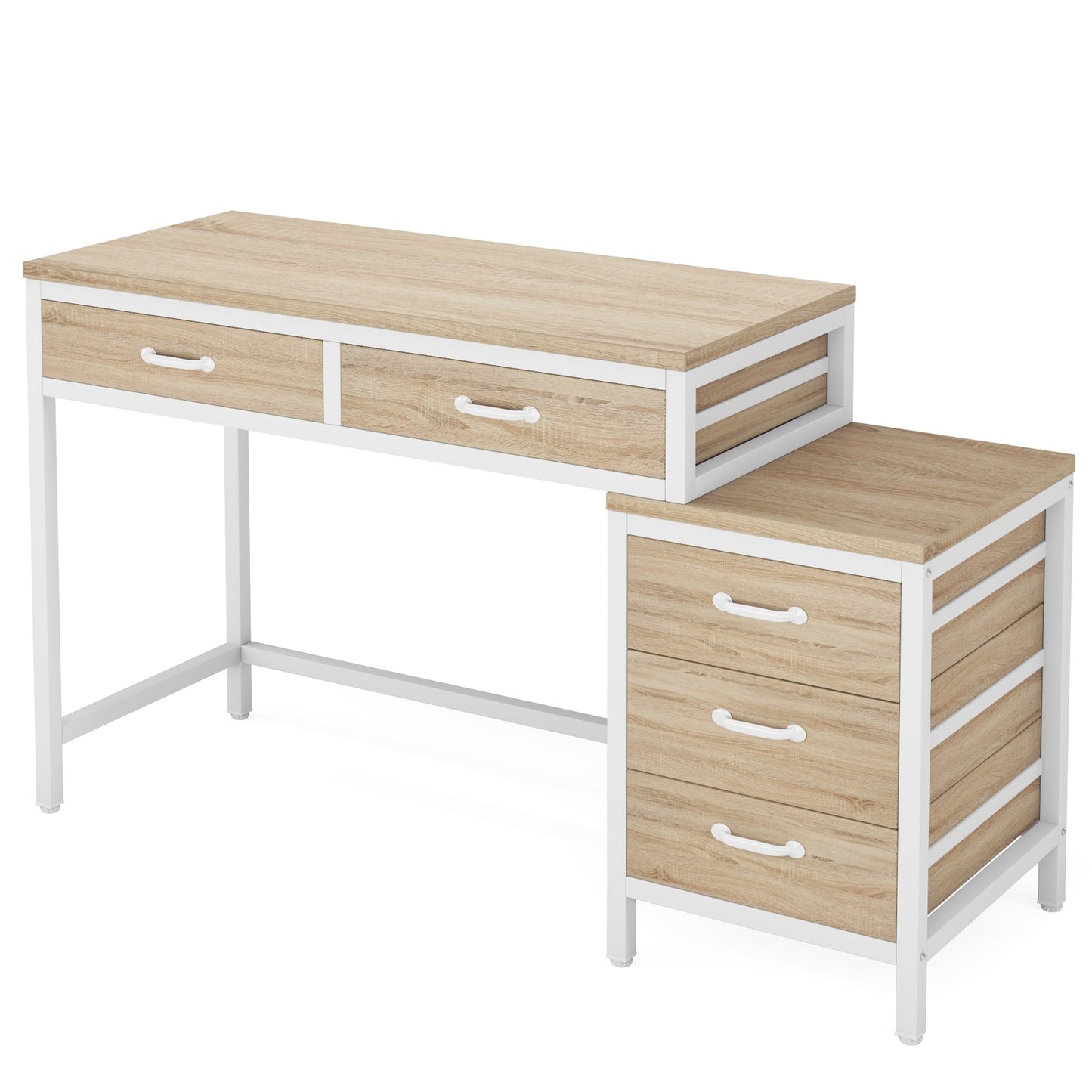 Bureau d'ordinateur réversible avec 5 tiroirs, bureau de travail à domicile avec rangement pour imprimante et tiroir pour classeur.