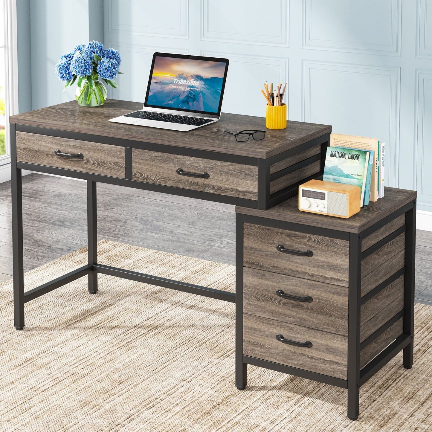 Bureau d'ordinateur réversible avec 5 tiroirs, bureau de travail à domicile avec rangement pour imprimante et tiroir pour classeur.