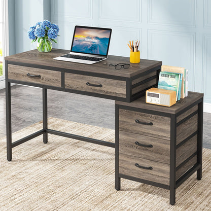 Bureau d'ordinateur réversible avec 5 tiroirs, bureau de travail à domicile avec rangement pour imprimante et tiroir pour classeur.