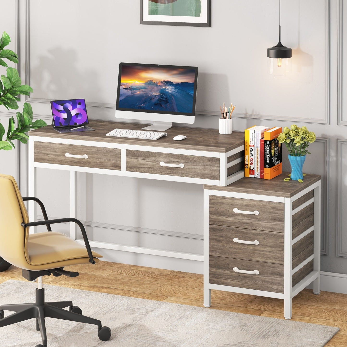 Bureau d'ordinateur réversible avec 5 tiroirs, bureau de travail à domicile avec rangement pour imprimante et tiroir pour classeur.