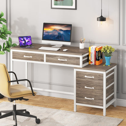 Bureau d'ordinateur réversible avec 5 tiroirs, bureau de travail à domicile avec rangement pour imprimante et tiroir pour classeur.
