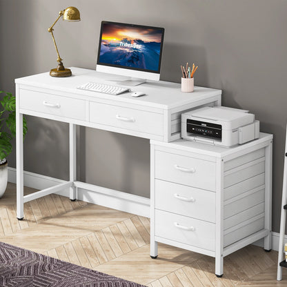 Bureau d'ordinateur réversible avec 5 tiroirs, bureau de travail à domicile avec rangement pour imprimante et tiroir pour classeur.