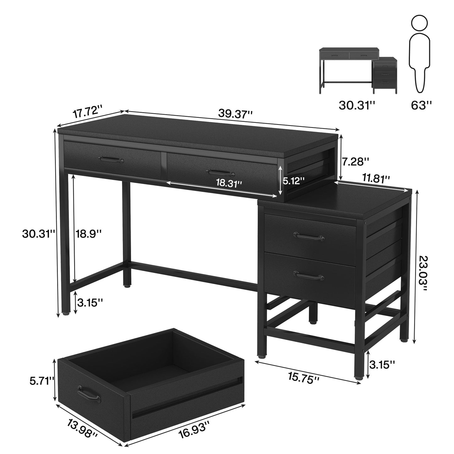 Bureau d'ordinateur réversible avec 5 tiroirs, bureau de travail à domicile avec rangement pour imprimante et tiroir pour classeur.