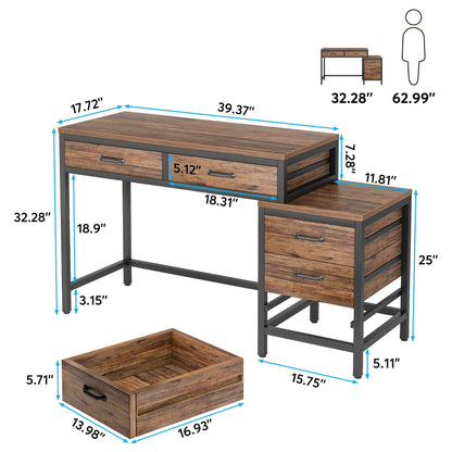 Bureau d'ordinateur réversible avec 5 tiroirs, bureau de travail à domicile avec rangement pour imprimante et tiroir pour classeur.