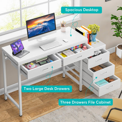 Bureau d'ordinateur réversible avec 5 tiroirs, bureau de travail à domicile avec rangement pour imprimante et tiroir pour classeur.