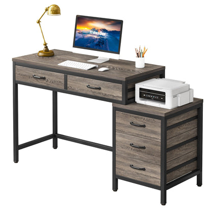 Bureau d'ordinateur réversible avec 5 tiroirs, bureau de travail à domicile avec rangement pour imprimante et tiroir pour classeur.