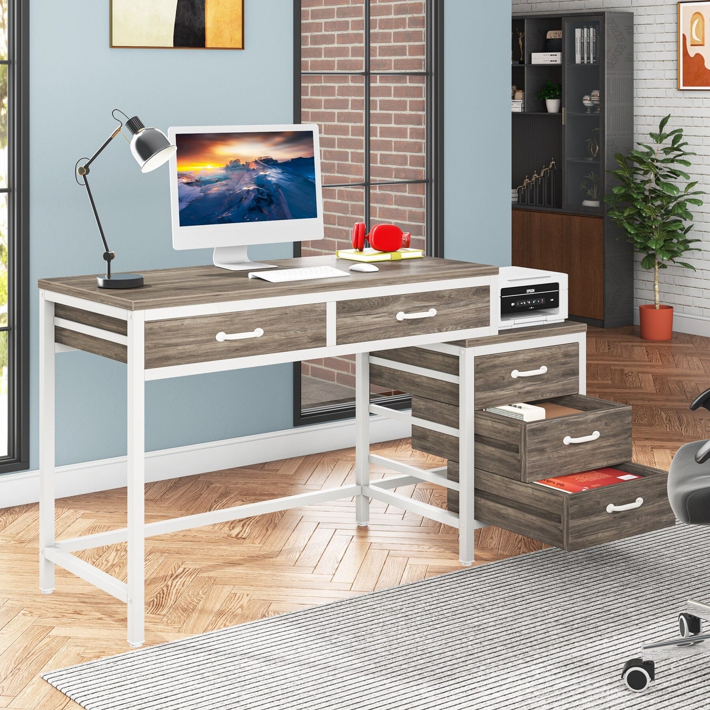 Bureau d'ordinateur réversible avec 5 tiroirs, bureau de travail à domicile avec rangement pour imprimante et tiroir pour classeur.