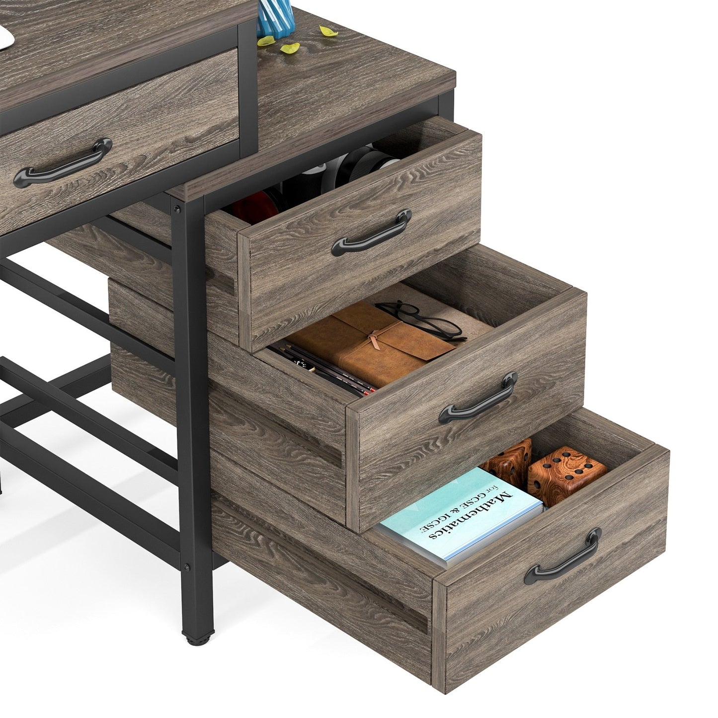 Bureau d'ordinateur réversible avec 5 tiroirs, bureau de travail à domicile avec rangement pour imprimante et tiroir pour classeur.