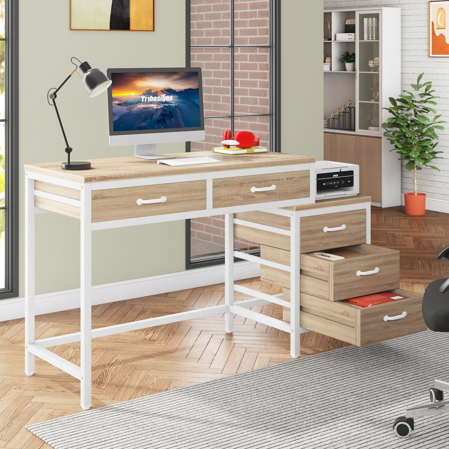Bureau d'ordinateur réversible avec 5 tiroirs, bureau de travail à domicile avec rangement pour imprimante et tiroir pour classeur.