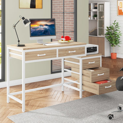 Bureau d'ordinateur réversible avec 5 tiroirs, bureau de travail à domicile avec rangement pour imprimante et tiroir pour classeur.