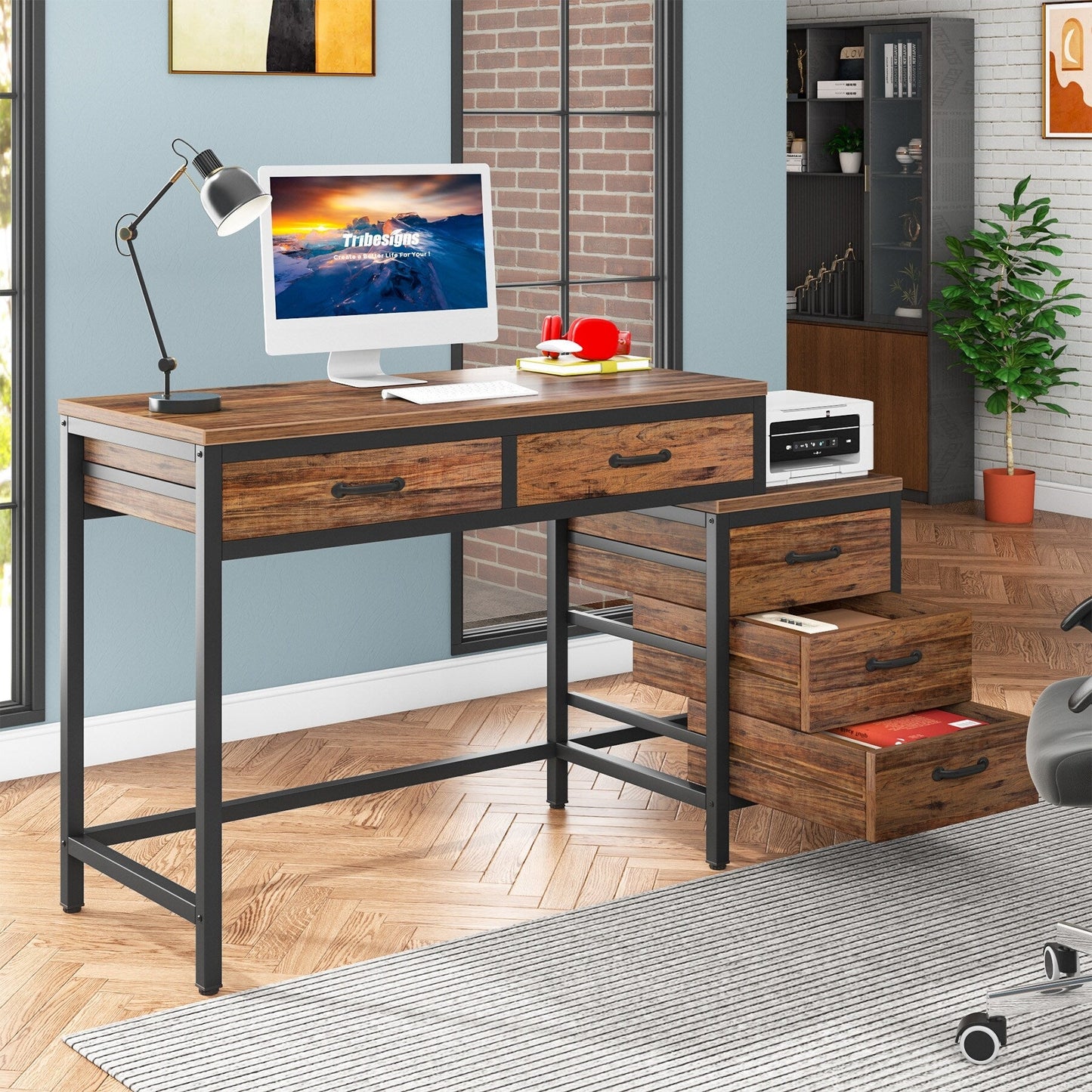 Bureau d'ordinateur réversible avec 5 tiroirs, bureau de travail à domicile avec rangement pour imprimante et tiroir pour classeur.