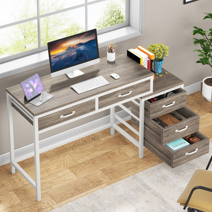 Bureau d'ordinateur réversible avec 5 tiroirs, bureau de travail à domicile avec rangement pour imprimante et tiroir pour classeur.