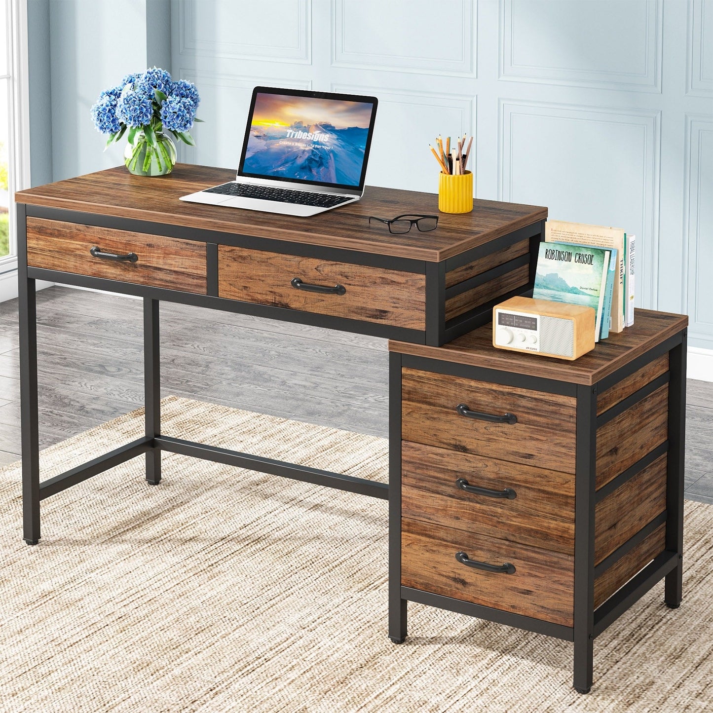 Bureau d'ordinateur réversible avec 5 tiroirs, bureau de travail à domicile avec rangement pour imprimante et tiroir pour classeur.