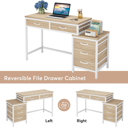 Bureau d'ordinateur réversible avec 5 tiroirs, bureau de travail à domicile avec rangement pour imprimante et tiroir pour classeur.