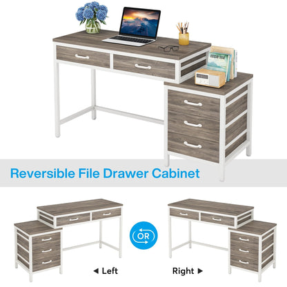 Bureau d'ordinateur réversible avec 5 tiroirs, bureau de travail à domicile avec rangement pour imprimante et tiroir pour classeur.