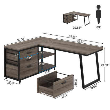 Bureau en forme de L réversible avec tiroirs à dossiers, bureau d'ordinateur d'angle