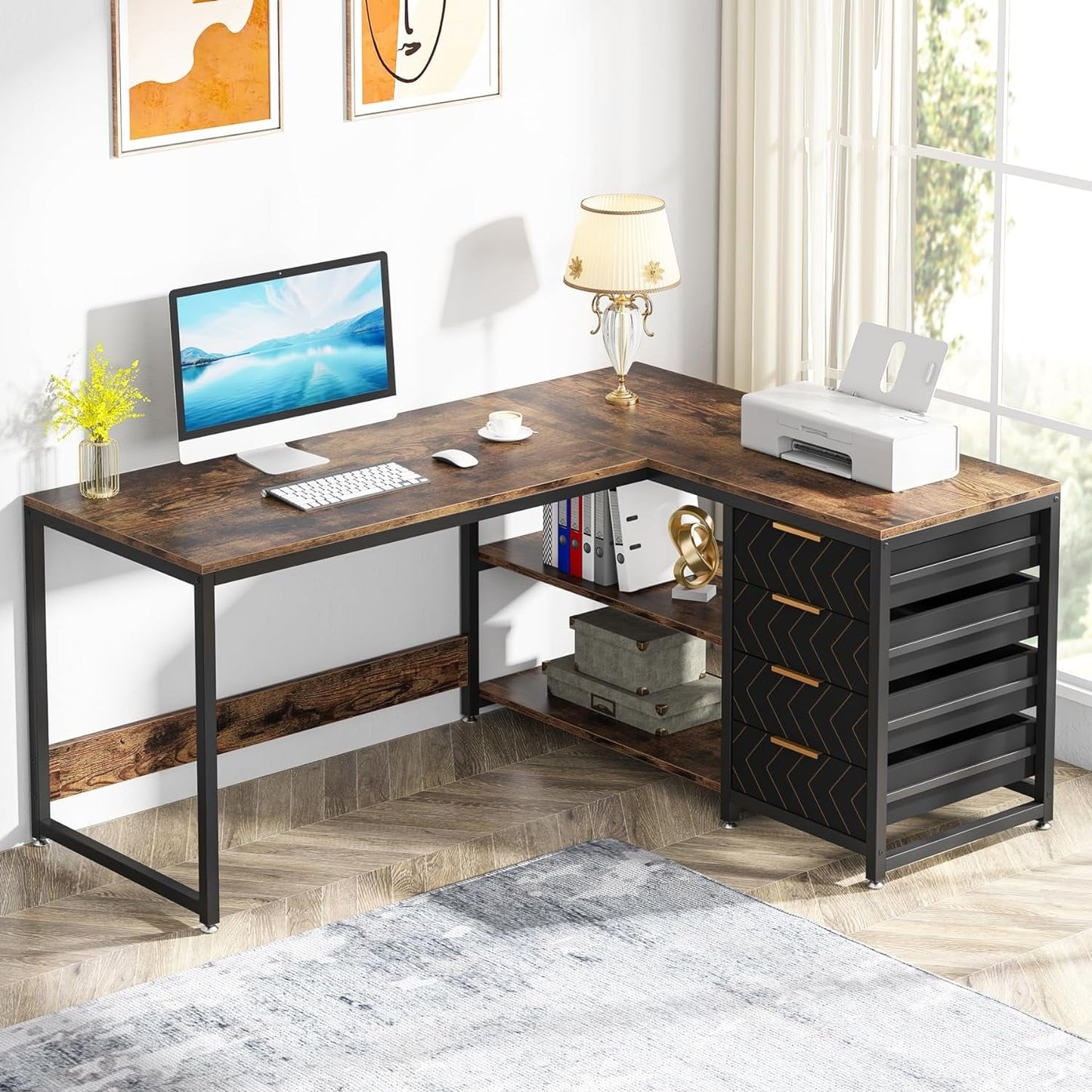 Bureau d'ordinateur en forme de L réversible, bureau de travail robuste, table d'écriture.