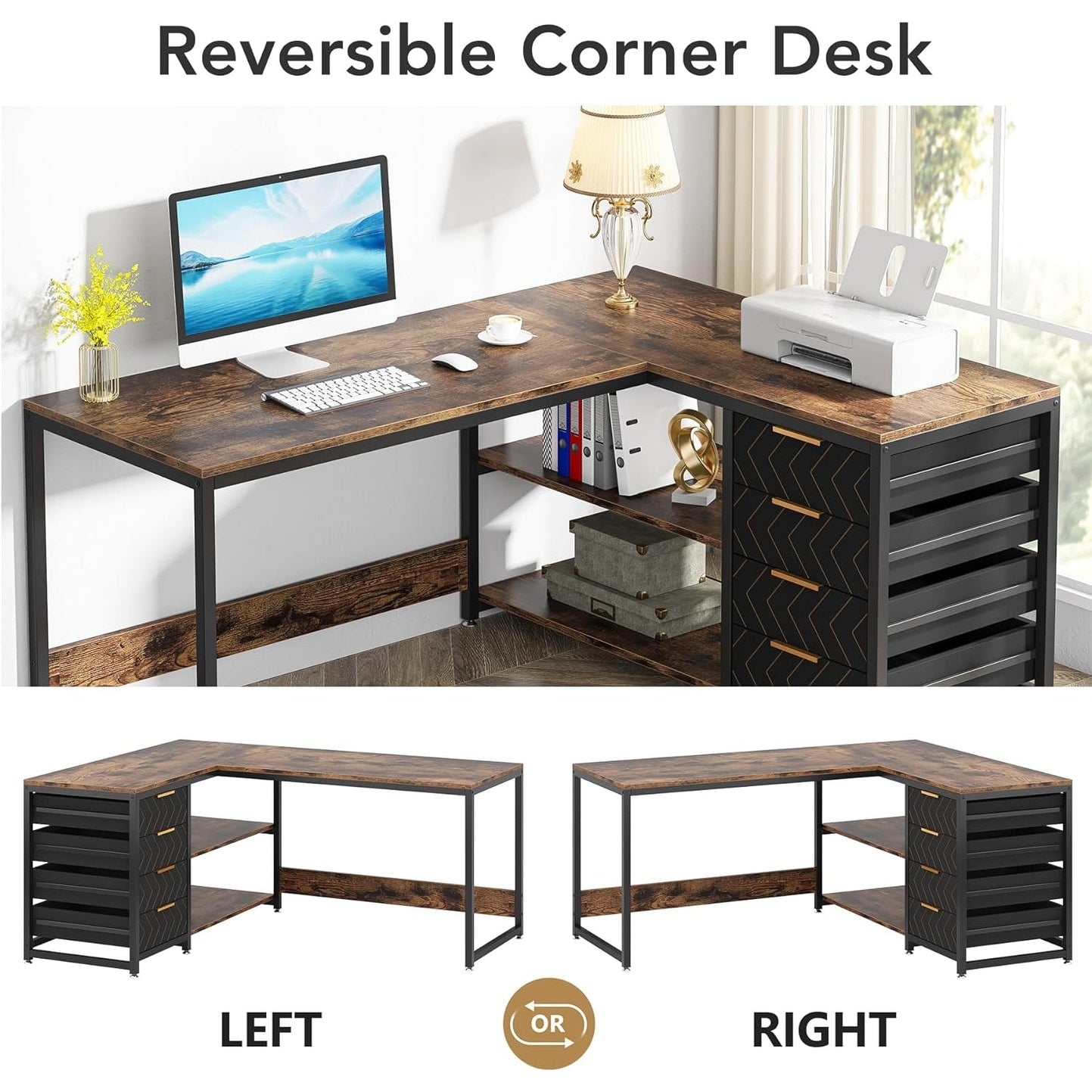 Bureau d'ordinateur en forme de L réversible, bureau de travail robuste, table d'écriture.