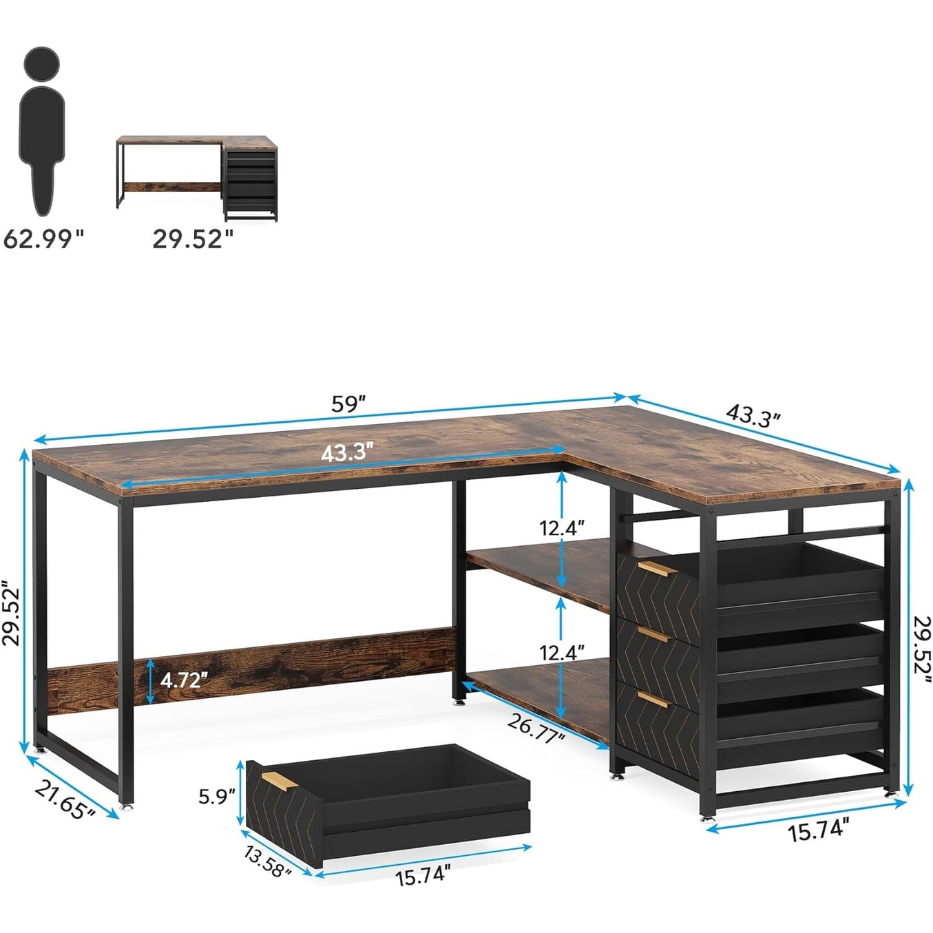 Bureau d'ordinateur en forme de L réversible, bureau de travail robuste, table d'écriture.