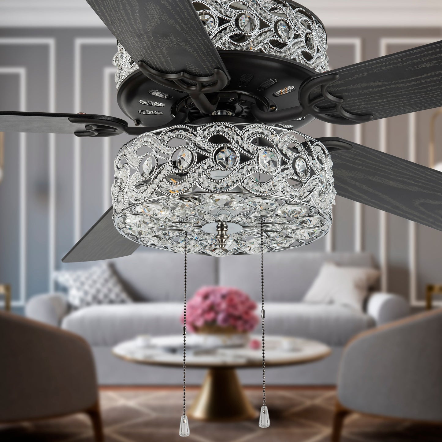 Ventilateur de plafond LED River of Goods Olivia, finition bronze huilé/cristal, 52 pouces - 52L x 52l x 18.25H - 52L x 52l x 18.25H