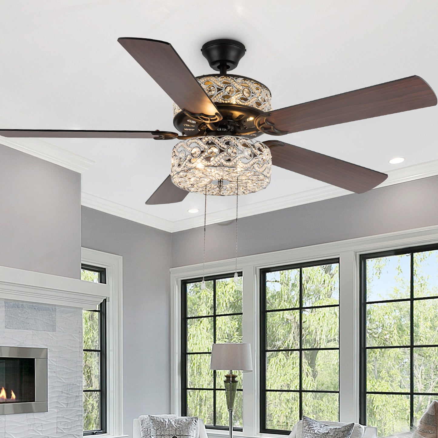 Ventilateur de plafond LED River of Goods Olivia, finition bronze huilé/cristal, 52 pouces - 52L x 52l x 18.25H - 52L x 52l x 18.25H