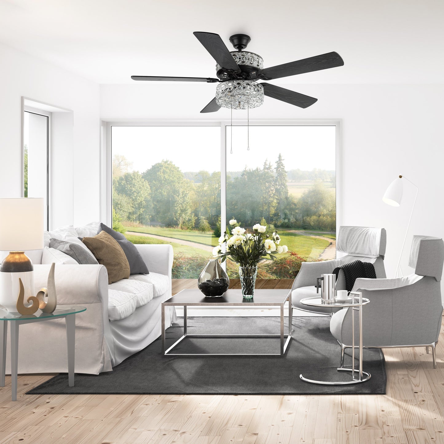 Ventilateur de plafond LED River of Goods Olivia, finition bronze huilé/cristal, 52 pouces - 52L x 52l x 18.25H - 52L x 52l x 18.25H
