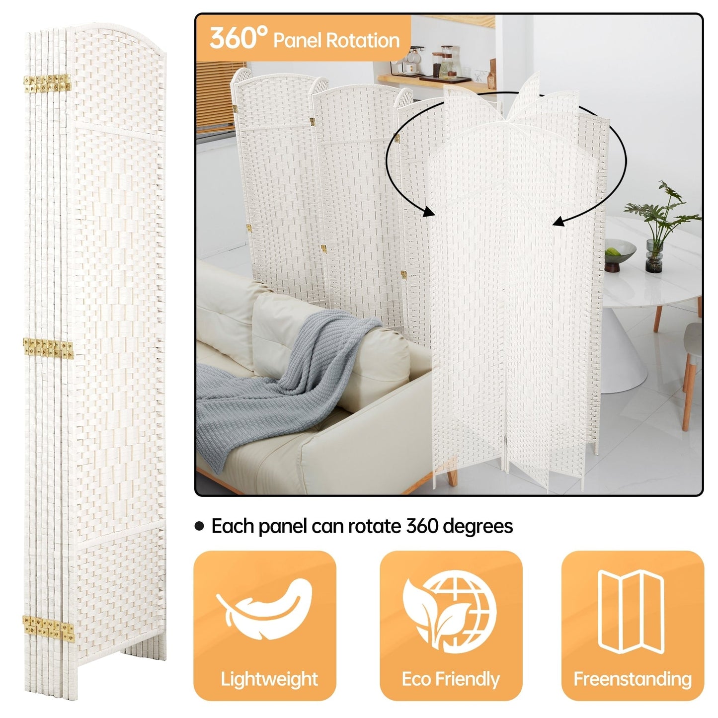 Paravent de séparation de pièce, hauteur 1,8 m, en fibre tressée, pliable, pour plus d'intimité.