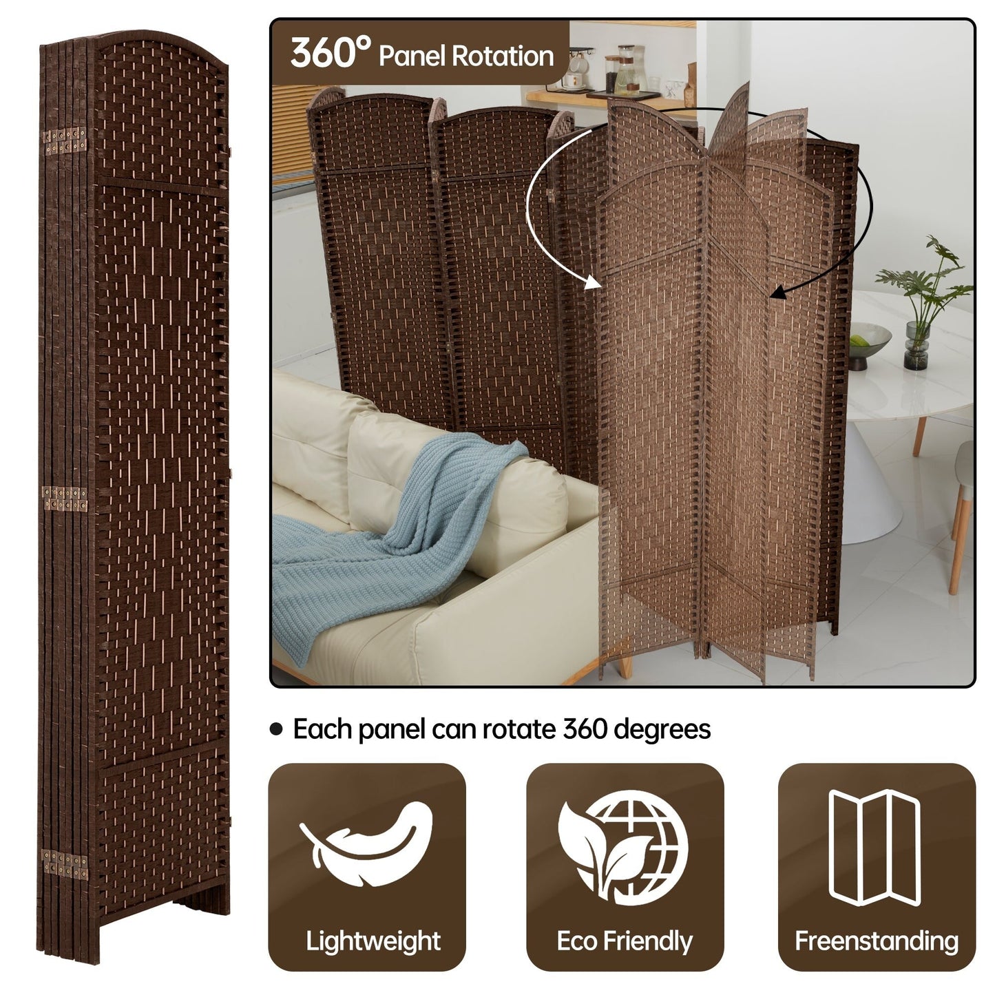 Paravent de séparation de pièce, hauteur 1,8 m, en fibre tressée, pliable, pour plus d'intimité.