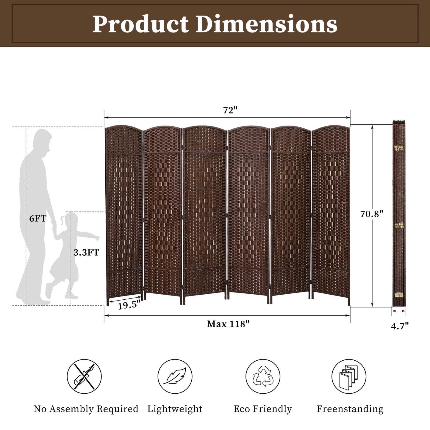 Paravent de séparation de pièce, hauteur 1,8 m, en fibre tressée, pliable, pour plus d'intimité.