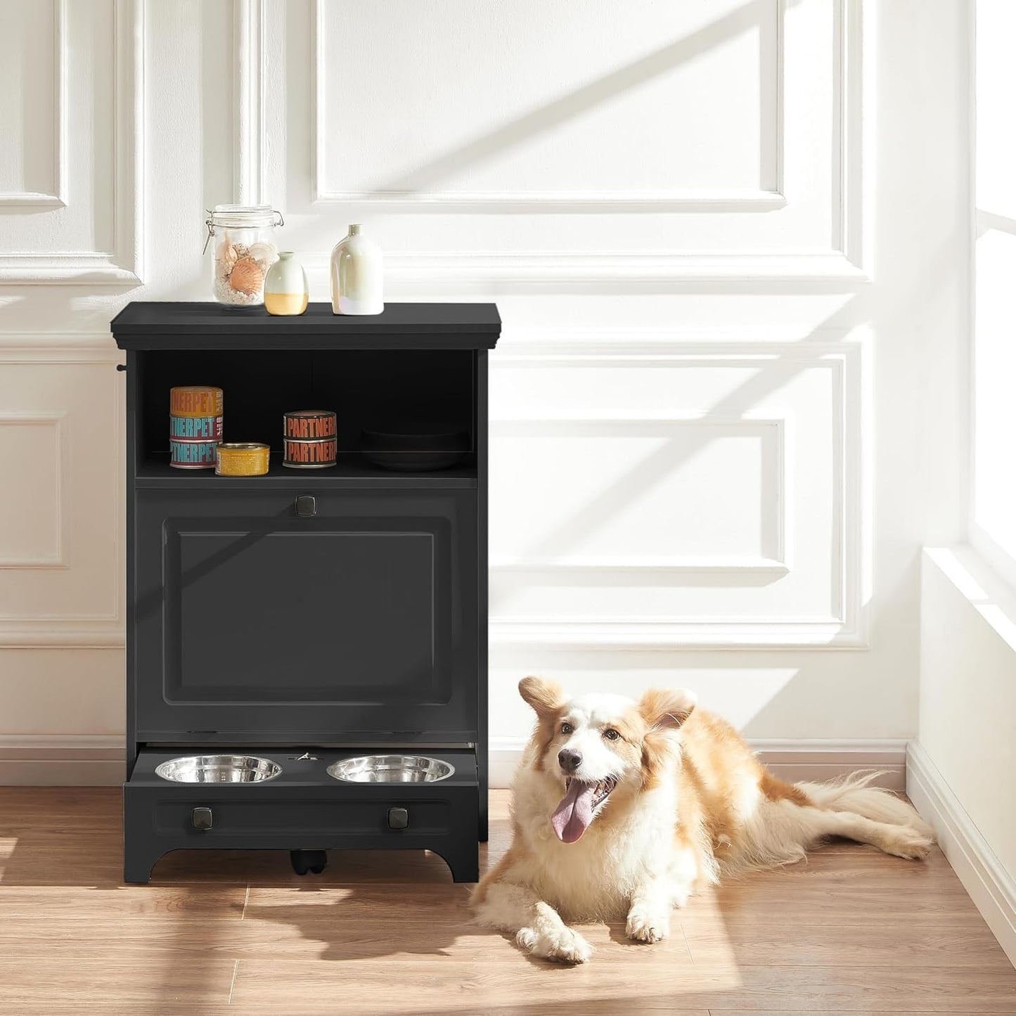 Station d'alimentation pour chien Roomfitters avec 2 gamelles surélevées, meuble de rangement basculant pour l'alimentation des animaux domestiques
