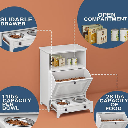 Station d'alimentation pour chien Roomfitters avec 2 gamelles surélevées, meuble de rangement basculant pour l'alimentation des animaux domestiques