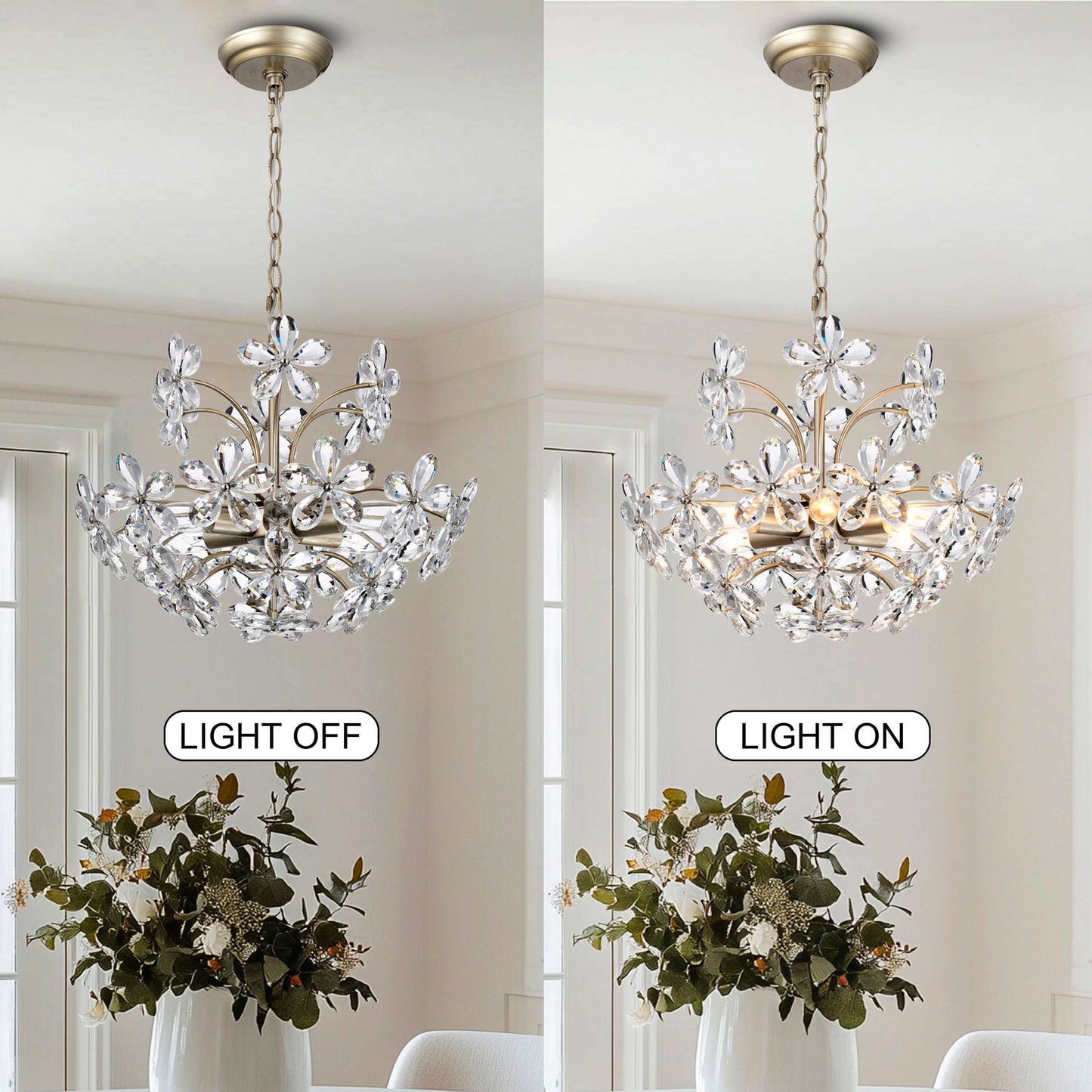 Luminaire Rosa à 6 lumières, en cristal de champagne argenté brossé, en forme de fleur.